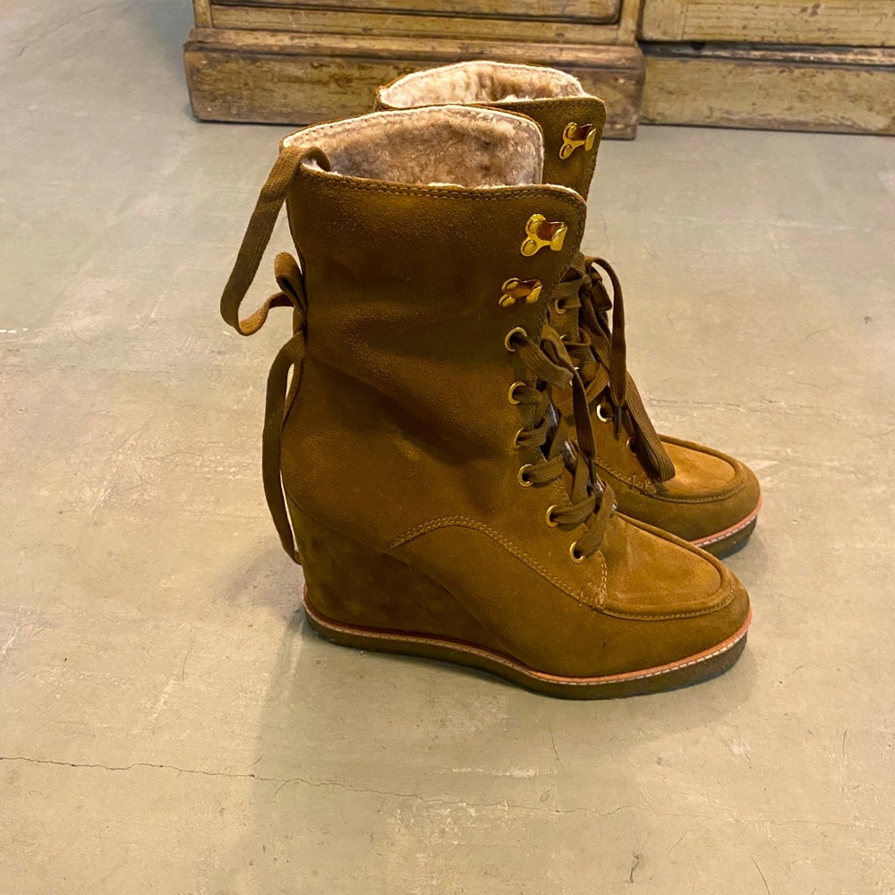 Veronica Beard Suede Lace Up Boot with Shearling Inside